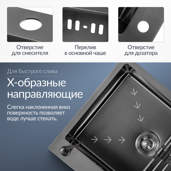 Изображение товара Мойка кухонная Saniteco 6050 Nano (с сифоном, дозатором и коландером)