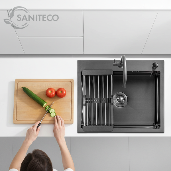 Изображение товара Мойка кухонная Saniteco 6050 Nano (с сифоном, дозатором и коландером)