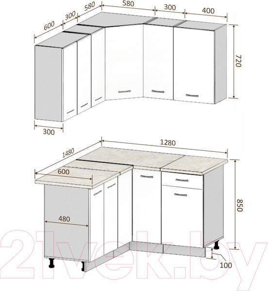 Изображение товара Кухонный гарнитур Кортекс-мебель Корнелия Лира 1.5x1.3 (капучино/оникс/мадрид)