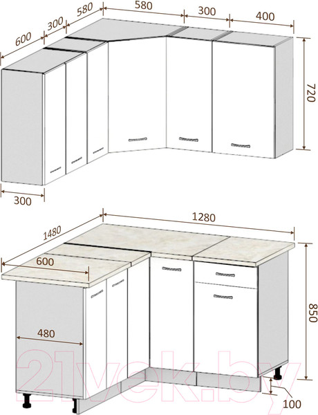 Изображение товара Кухонный гарнитур Кортекс-мебель Корнелия Лира 1.5x1.3 (капучино/оникс/марсель)