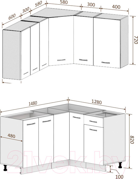 Изображение товара Кухонный гарнитур Кортекс-мебель Корнелия Лира 1.5x1.3 без столешницы (капучино/оникс)