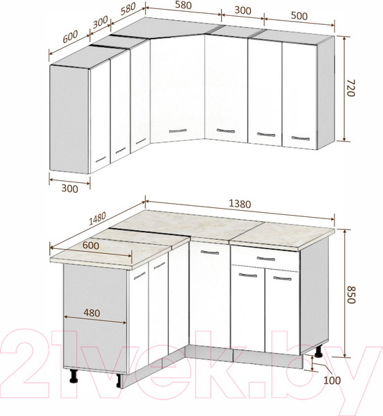 Изображение товара Кухонный гарнитур Кортекс-мебель Корнелия Лира 1.5x1.4 (капучино/оникс/дуб бунратти)