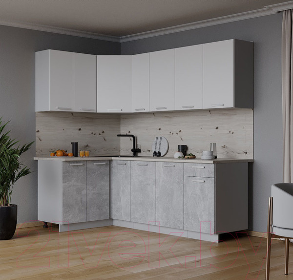 Изображение товара Кухонный гарнитур Интерлиния Мила Лайт 1.2x2.1 (белый платинум/бетон/бискайская сосна)