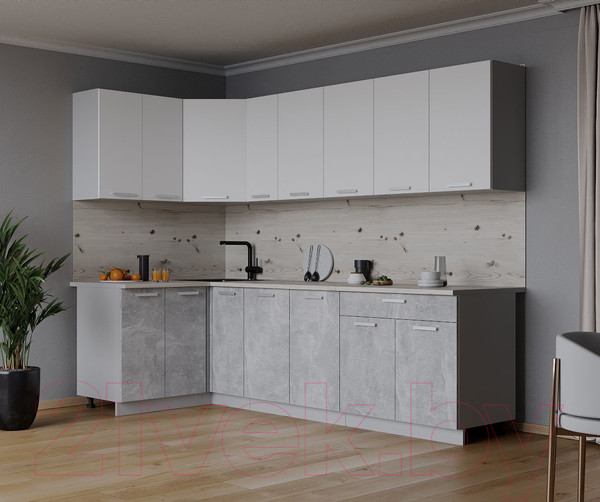 Изображение товара Кухонный гарнитур Интерлиния Мила Лайт 1.2x2.5 (белый платинум/бетон/бискайская сосна)