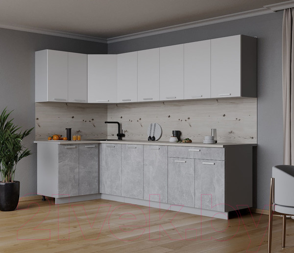 Изображение товара Кухонный гарнитур Интерлиния Мила Лайт 1.2x2.6 (белый платинум/бетон/бискайская сосна)