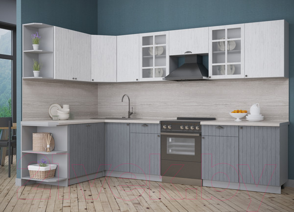 Изображение товара Кухонный гарнитур Интерлиния Берес 1.7x3.1 левая (дуб полярный/дуб серый/травертин серый)