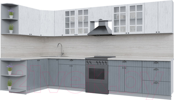 Изображение товара Кухонный гарнитур Интерлиния Берес 1.7x3.7 левая (дуб полярный/дуб серый/травертин серый)