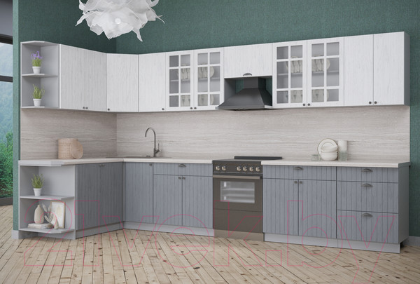 Изображение товара Кухонный гарнитур Интерлиния Берес 1.7x3.8 левая (дуб полярный/дуб серый/травертин серый)