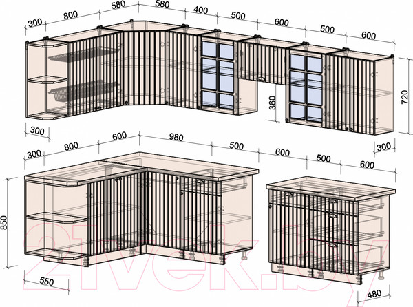 Изображение товара Кухонный гарнитур Интерлиния Берес 1.7x3.2 левая (дуб лазурный/дуб серый/серый каспий)