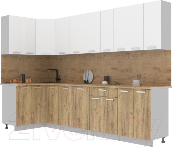 Изображение товара Кухонный гарнитур Интерлиния Мила Лайт 1.2x3.0 (белый платинум/дуб золотой/дуб бунратти)