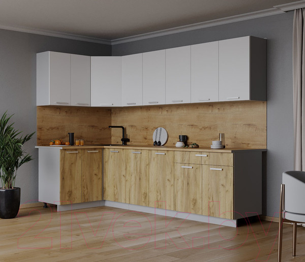 Изображение товара Кухонный гарнитур Интерлиния Мила Лайт 1.2x2.6 (белый платинум/дуб золотой/дуб бунратти)