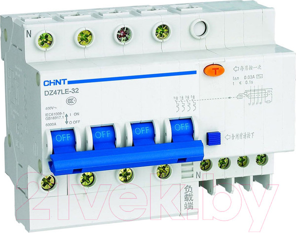 Изображение товара Дифференциальный автомат Chint DZ47LE-32 4P C 10А 30мА тип AC 6кА / 199640