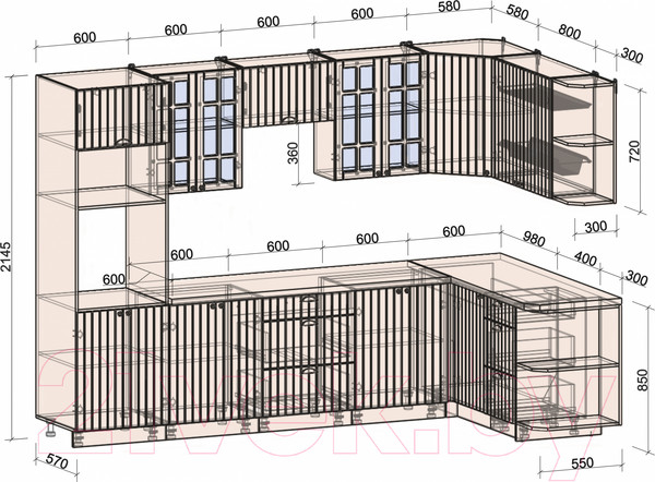 Изображение товара Кухонный гарнитур Интерлиния Берес 1.68x3.0 ВТ правая (дуб снежный/серый каспий)