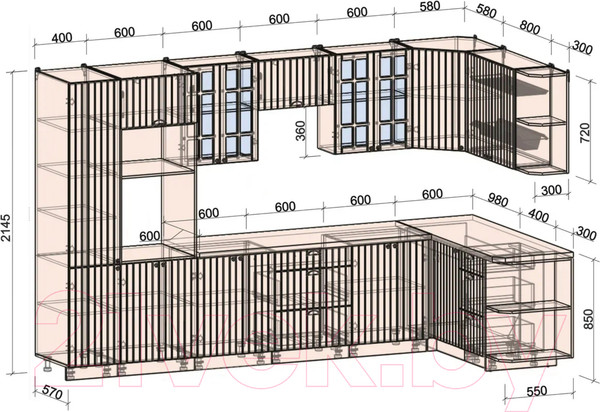 Изображение товара Кухонный гарнитур Интерлиния Берес 1.68x3.4 ВТ правая (дуб королевский/бискайская сосна)