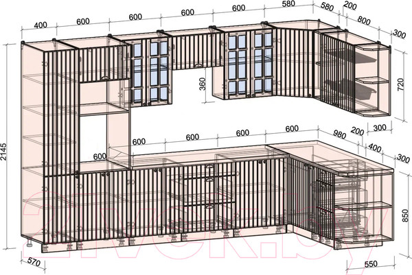 Изображение товара Кухонный гарнитур Интерлиния Берес 1.88x3.4 ВТ правая (дуб английский/бискайская сосна)
