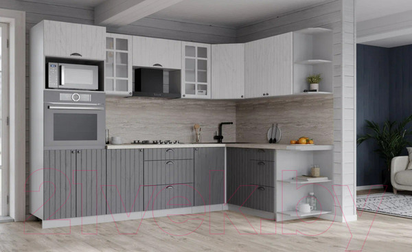 Изображение товара Кухонный гарнитур Интерлиния Берес 1.68x2.6 ВТ правая (дуб полярный/дуб серый/травертин серый)