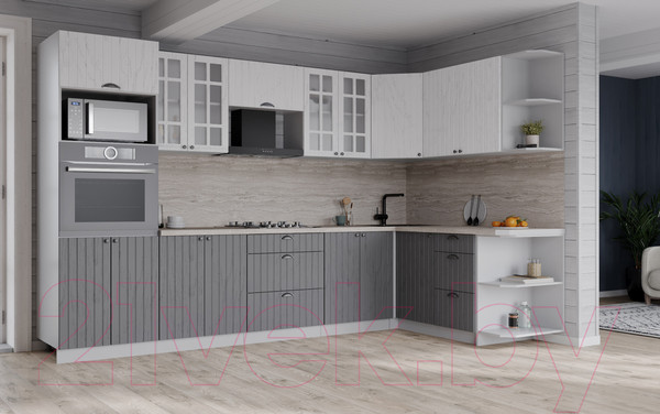 Изображение товара Кухонный гарнитур Интерлиния Берес 1.68x3.0 ВТ правая (дуб полярный/дуб серый/травертин серый)