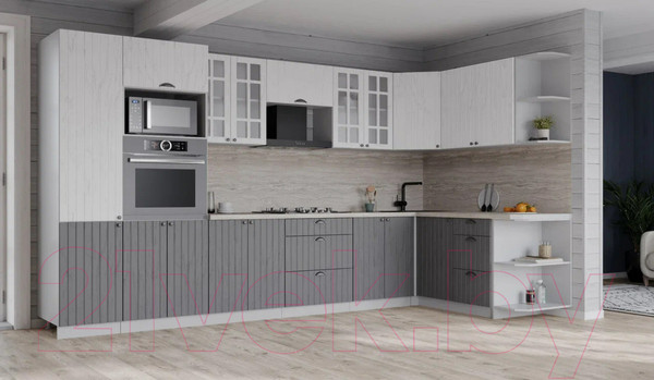 Изображение товара Кухонный гарнитур Интерлиния Берес 1.68x3.4 ВТ правая (дуб полярный/дуб серый/травертин серый)