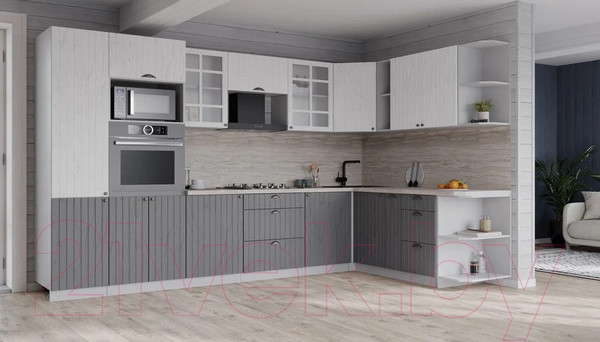 Изображение товара Кухонный гарнитур Интерлиния Берес 1.88x3.2 ВТ правая (дуб полярный/дуб серый/травертин серый)