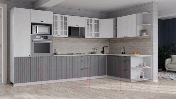 Изображение товара Кухонный гарнитур Интерлиния Берес 1.88x3.4 ВТ правая (дуб полярный/дуб серый/травертин серый)