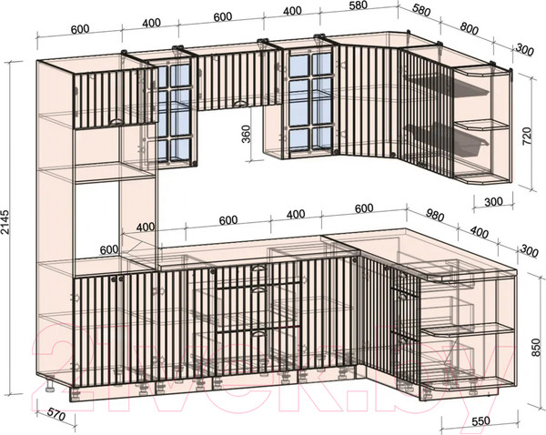 Изображение товара Кухонный гарнитур Интерлиния Берес 1.68x2.6 ВТ правая (дуб лазурный/дуб серый/серый каспий)