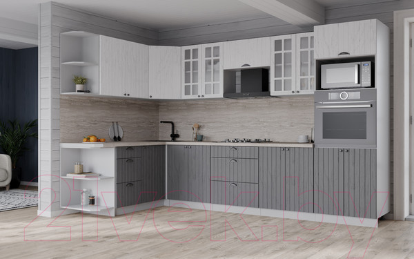 Изображение товара Кухонный гарнитур Интерлиния Берес 1.68x3.0 ВТ левая (дуб полярный/дуб серый/травертин серый)