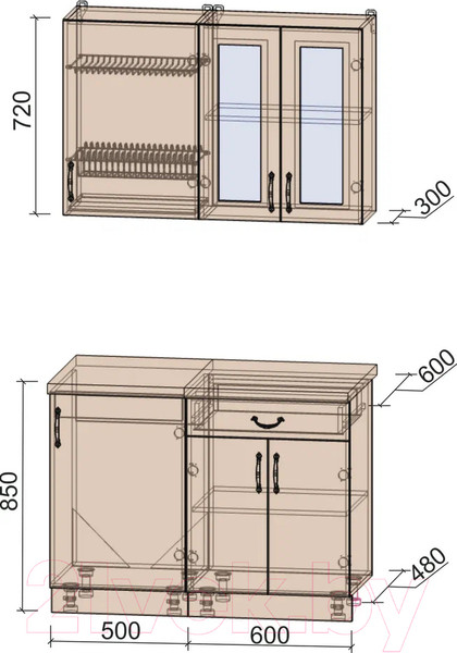 Изображение товара Кухонный гарнитур Интерлиния Мила Крафт 1.1 (дуб серый/дуб полярный/травертин серый)