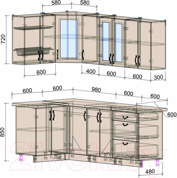 Изображение товара Кухонный гарнитур Интерлиния Мила Крафт 1.2x2.2 (дуб серый/дуб лазурный/травертин серый)