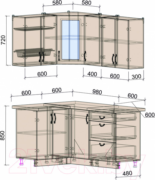 Изображение товара Кухонный гарнитур Интерлиния Мила Крафт 1.2x1.6 (дуб серый/дуб серый/травертин серый)
