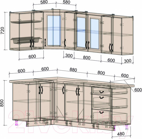 Изображение товара Кухонный гарнитур Интерлиния Мила Крафт 1.2x2.3 (дуб серый/дуб лазурный/травертин серый)