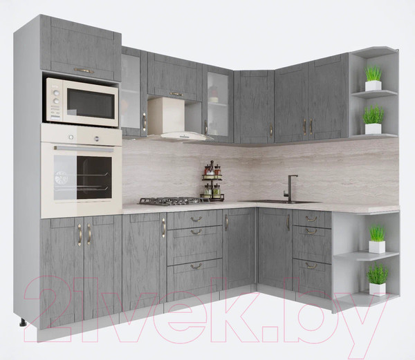 Изображение товара Кухонный гарнитур Интерлиния Мила Крафт 1.68x2.6 правая (дуб серый/дуб серый/травертин серый)