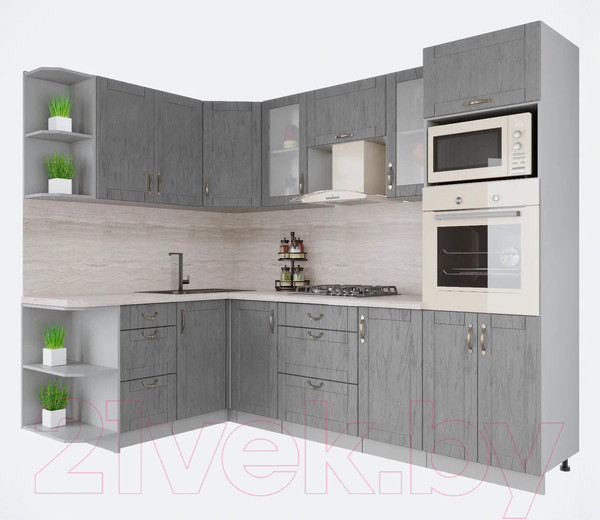 Изображение товара Кухонный гарнитур Интерлиния Мила Крафт 1.68x2.6 левая (дуб серый/дуб серый/травертин серый)