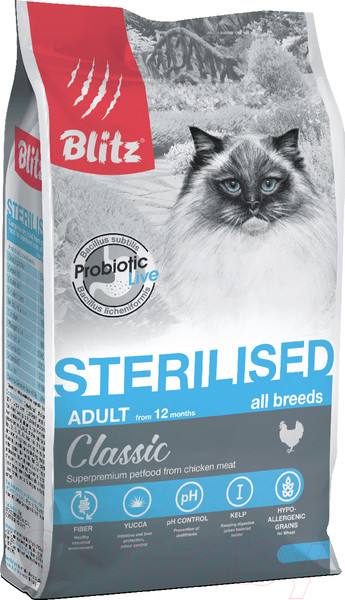 Изображение товара Сухой корм для кошек Blitz Pets Classic Sterilised Cats Chicken / 4357 (0.4кг)