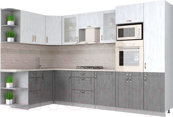 Изображение товара Кухонный гарнитур Интерлиния Мила Крафт 1.68x3.2 левая (дуб серый/дуб полярный/травертин серый)