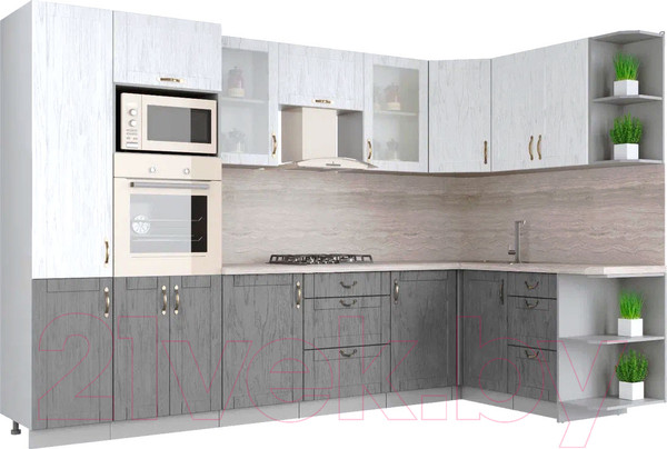 Изображение товара Кухонный гарнитур Интерлиния Мила Крафт 1.68x3.2 правая (дуб серый/дуб полярный/травертин серый)