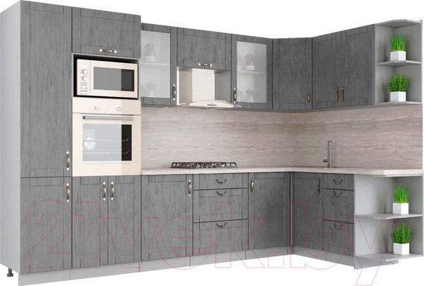 Изображение товара Кухонный гарнитур Интерлиния Мила Крафт 1.68x3.2 правая (дуб серый/дуб серый/травертин серый)