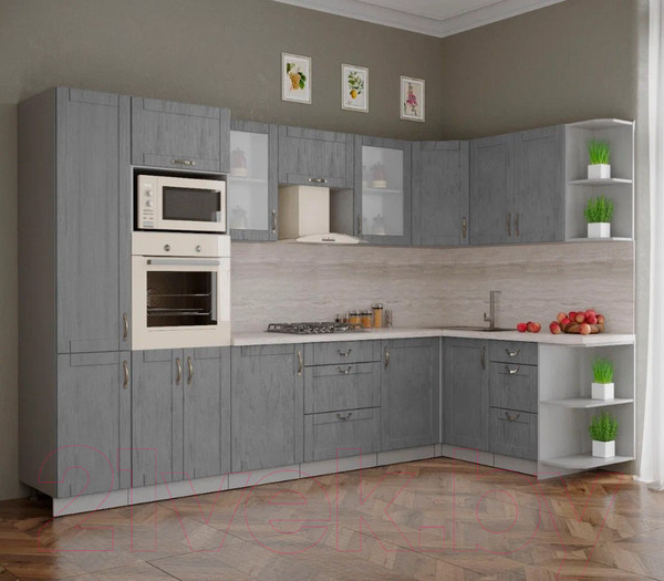 Изображение товара Кухонный гарнитур Интерлиния Мила Крафт 1.68x3.2 правая (дуб серый/дуб серый/травертин серый)