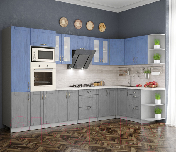 Изображение товара Кухонный гарнитур Интерлиния Мила Крафт 1.68x3.4 правая (дуб серый/дуб лазурный/травертин серый)