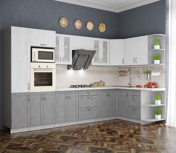 Изображение товара Кухонный гарнитур Интерлиния Мила Крафт 1.68x3.4 правая (дуб серый/дуб полярный/травертин серый)