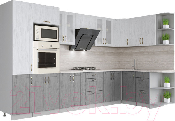 Изображение товара Кухонный гарнитур Интерлиния Мила Крафт 1.68x3.4 правая (дуб серый/дуб полярный/травертин серый)