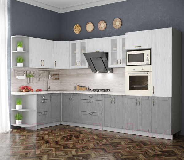 Изображение товара Кухонный гарнитур Интерлиния Мила Крафт 1.68x3.4 левая (дуб серый/дуб полярный/травертин серый)