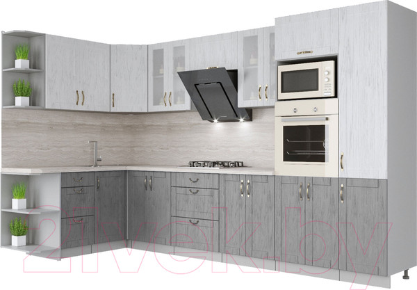 Изображение товара Кухонный гарнитур Интерлиния Мила Крафт 1.68x3.4 левая (дуб серый/дуб полярный/травертин серый)