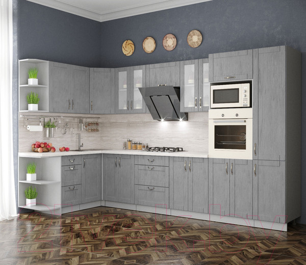 Изображение товара Кухонный гарнитур Интерлиния Мила Крафт 1.68x3.4 левая (дуб серый/дуб серый/травертин серый)