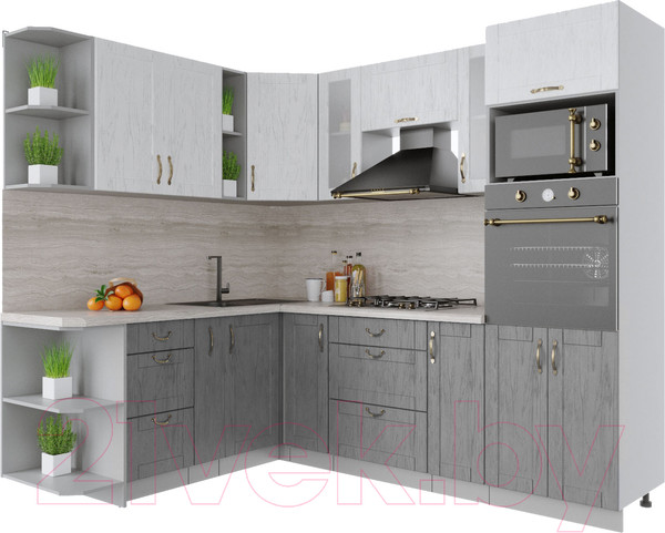 Изображение товара Кухонный гарнитур Интерлиния Мила Крафт 1.88x2.4 левая (дуб серый/дуб полярный/травертин серый)