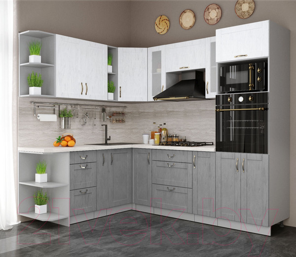 Изображение товара Кухонный гарнитур Интерлиния Мила Крафт 1.88x2.4 левая (дуб серый/дуб полярный/травертин серый)