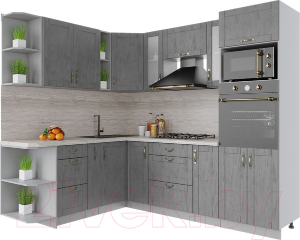 Изображение товара Кухонный гарнитур Интерлиния Мила Крафт 1.88x2.4 левая (дуб серый/дуб серый/травертин серый)