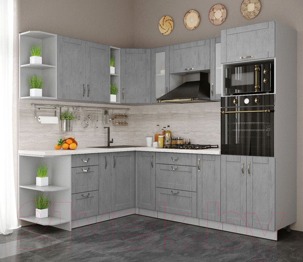 Изображение товара Кухонный гарнитур Интерлиния Мила Крафт 1.88x2.4 левая (дуб серый/дуб серый/травертин серый)