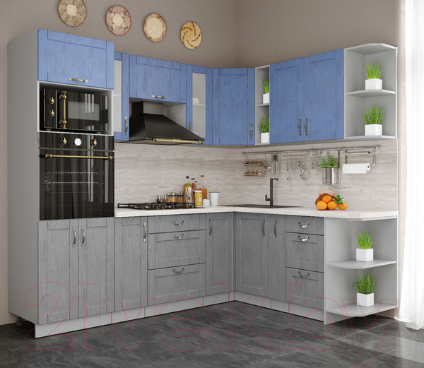 Изображение товара Кухонный гарнитур Интерлиния Мила Крафт 1.88x2.4 правая (дуб серый/дуб лазурный/травертин серый)