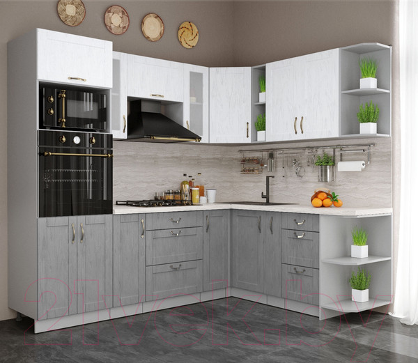 Изображение товара Кухонный гарнитур Интерлиния Мила Крафт 1.88x2.4 правая (дуб серый/дуб полярный/травертин серый)