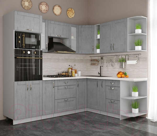 Изображение товара Кухонный гарнитур Интерлиния Мила Крафт 1.88x2.4 правая (дуб серый/дуб серый/травертин серый)